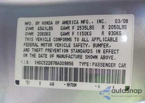 2008 Honda Accord 3.5 Ex-L из США, поврежденный, VIN 1HGCS22878A009856